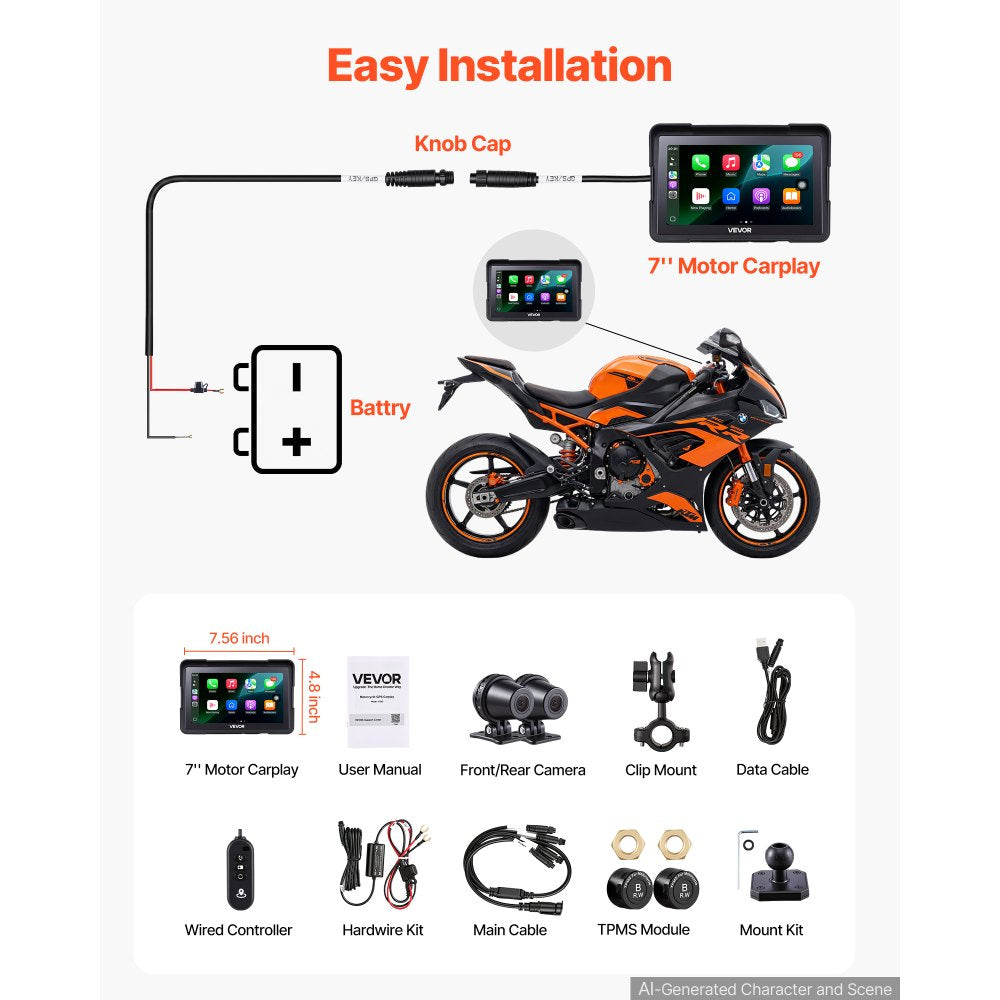 VEVOR 7 Inch Wireless Motorcycle Carplay with Apple Carplay & Android Auto, HD Touchscreen GPS Navigation System with Dual Cameras & Bluetooth, TPMS, Voice Control, 64GB Card - Fits All Motorcycles