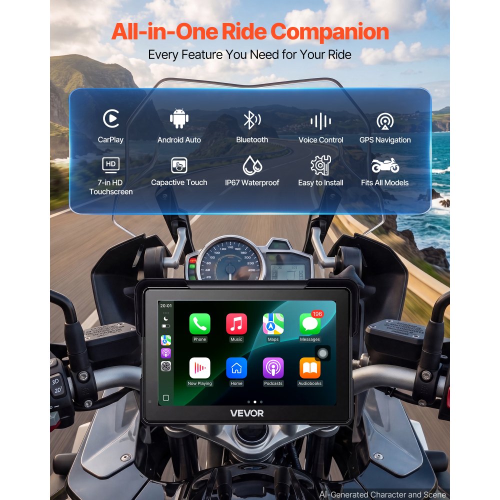 VEVOR 7 Inch Wireless Motorcycle Carplay with Apple Carplay & Android Auto, HD Touchscreen GPS Navigation System with Voice Control, Dual Bluetooth, Siri & Google Assistant, IP67 - Fit All Motorcycles