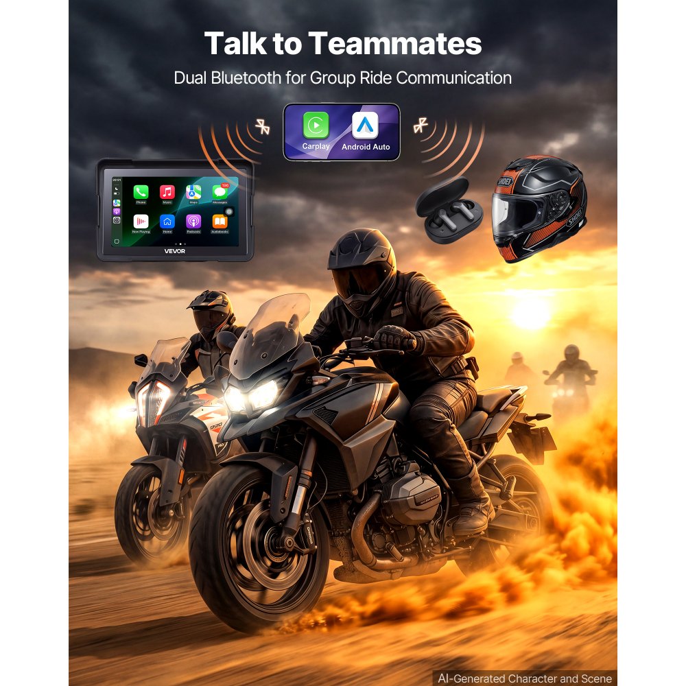 VEVOR 7 Inch Wireless Motorcycle Carplay with Apple Carplay & Android Auto, HD Touchscreen GPS Navigation System with Voice Control, Dual Bluetooth, Siri & Google Assistant, IP67 - Fit All Motorcycles