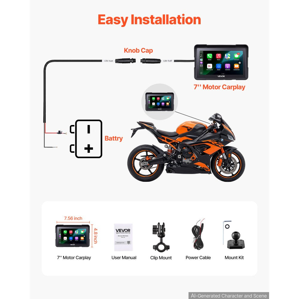 VEVOR 7 Inch Wireless Motorcycle Carplay with Apple Carplay & Android Auto, HD Touchscreen GPS Navigation System with Voice Control, Dual Bluetooth, Siri & Google Assistant, IP67 - Fit All Motorcycles