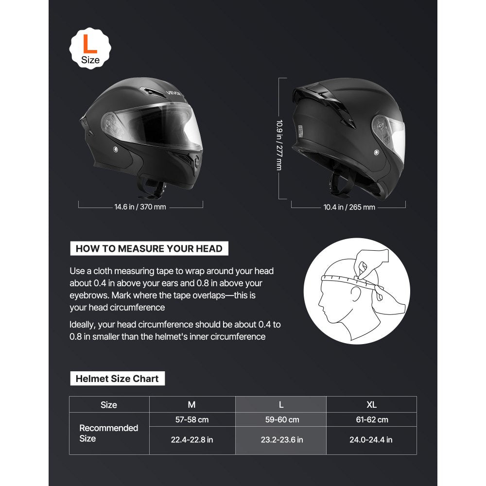 VEVOR Motorcycle Helmet, Modular, Adult Motocross Dirt Bike Helmet with Large Clear Visor, Comfortable Motorbike Racing Street with Detachable Liner for Men & Women, DOT Approved, (Matte Black, L)