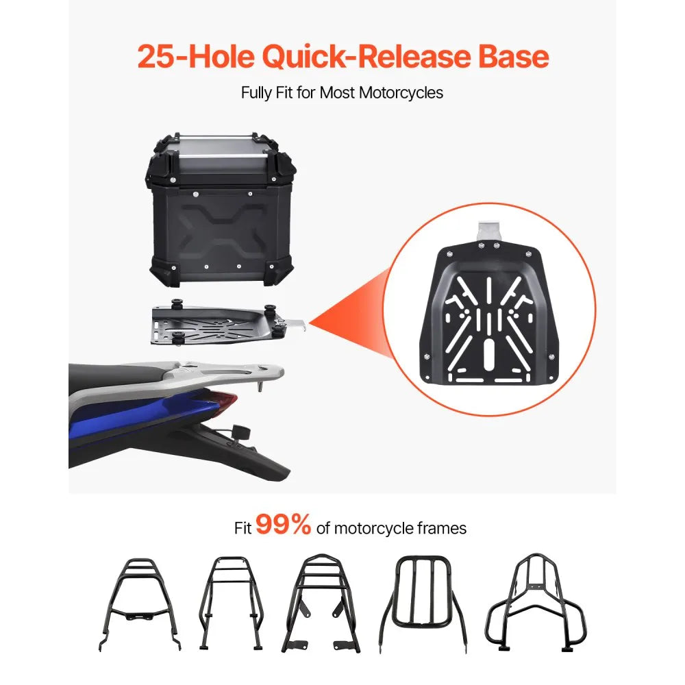 VEVOR Motorcycle Top Case, Universal Aluminum Alloy Motorbike Tail Box with Leather Lining, 55L Waterproof Detachable Motorcycle Top Box with Lock & Back Cushion, Fit for 99% of Motorcycle Frames