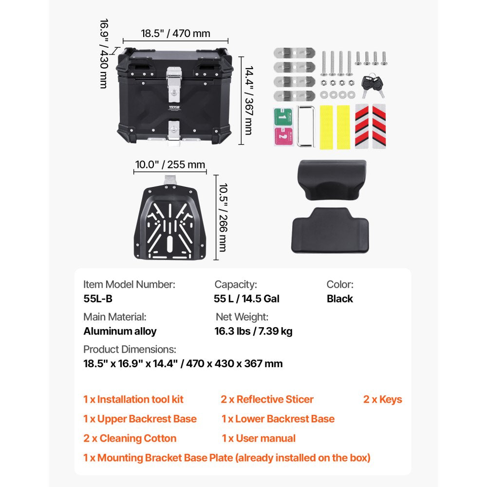 VEVOR Motorcycle Top Case, Universal Aluminum Alloy Motorbike Tail Box with Leather Lining, 55L Waterproof Detachable Motorcycle Top Box with Lock & Back Cushion, Fit for 99% of Motorcycle Frames