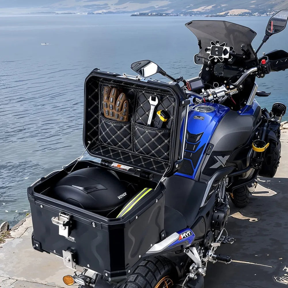 VEVOR Motorcycle Top Case, Universal Aluminum Alloy Motorbike Tail Box with Leather Lining, 55L Waterproof Detachable Motorcycle Top Box with Lock & Back Cushion, Fit for 99% of Motorcycle Frames