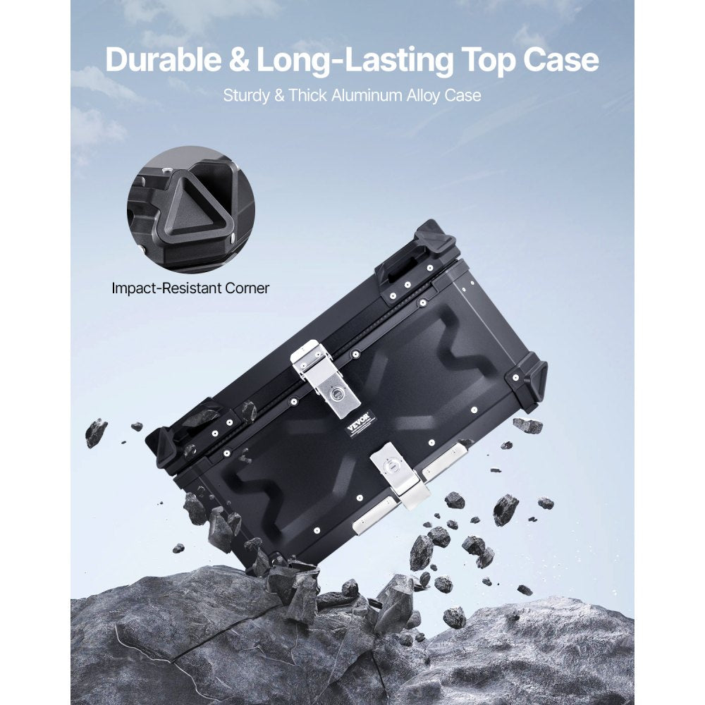 VEVOR Motorcycle Top Case, Universal Aluminum Alloy Motorbike Tail Box with Leather Lining, 65L Waterproof Detachable Motorcycle Top Box with Lock & Back Cushion, Fit for 99% of Motorcycle Frames
