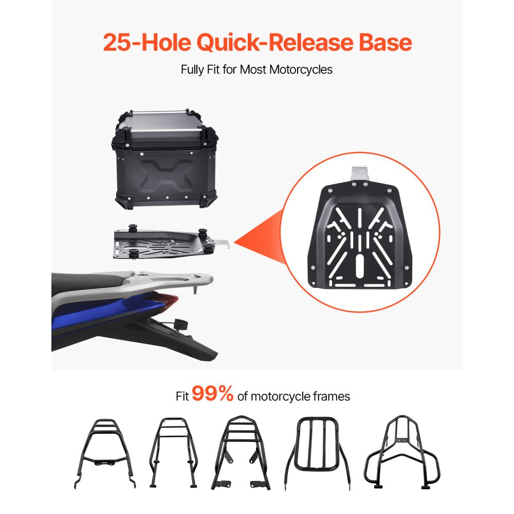 VEVOR Motorcycle Top Case, Universal Aluminum Alloy Motorbike Tail Box with Leather Lining, 65L Waterproof Detachable Motorcycle Top Box with Lock & Back Cushion, Fit for 99% of Motorcycle Frames