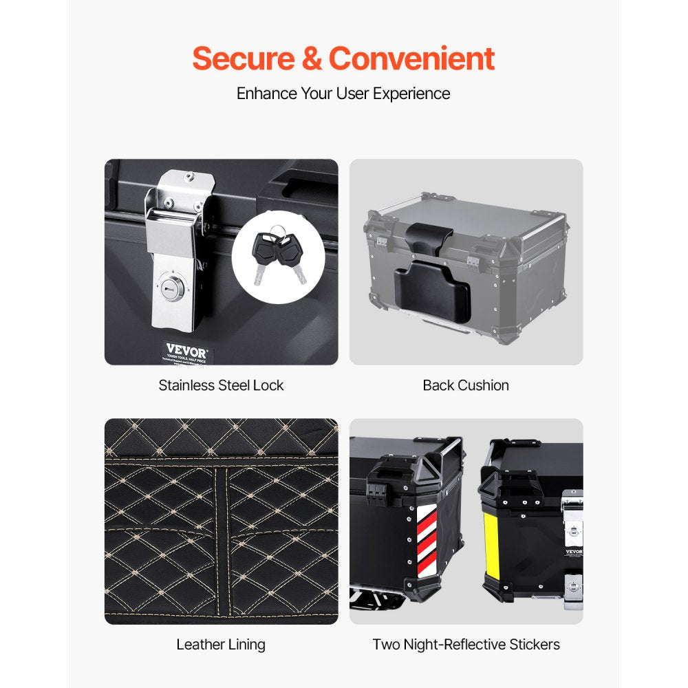 VEVOR Motorcycle Top Case, Universal Aluminum Alloy Motorbike Tail Box with Leather Lining, 65L Waterproof Detachable Motorcycle Top Box with Lock & Back Cushion, Fit for 99% of Motorcycle Frames