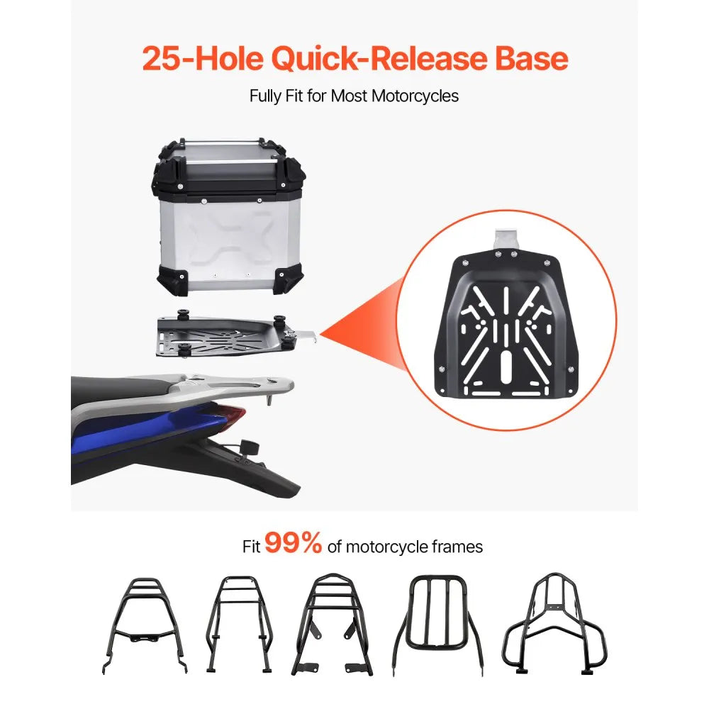 VEVOR Motorcycle Top Case, Universal Aluminum Alloy Motorbike Tail Box with Leather Lining, 45L Waterproof Detachable Motorcycle Top Box with Lock & Back Cushion, Fit for 99% of Motorcycle Frames
