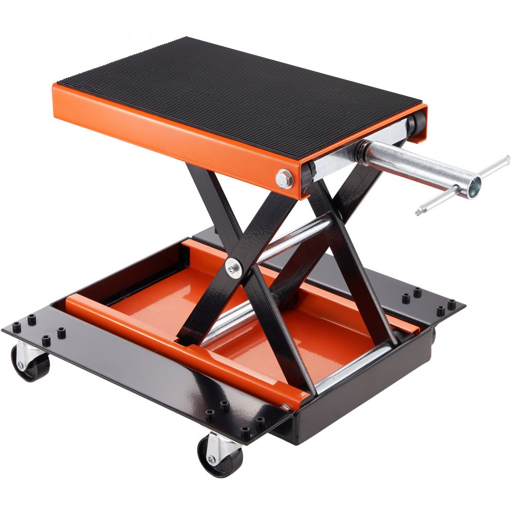 VEVOR Motorcycle Lift, 1100 LBS Motorcycle Lift ATV Scissor Lift Jack with Dolly & Hand Crank, Center Hoist Crank Stand with Wide Deck & Tool Tray for Street Bikes, Cruiser Bikes, Touring Motorcycles