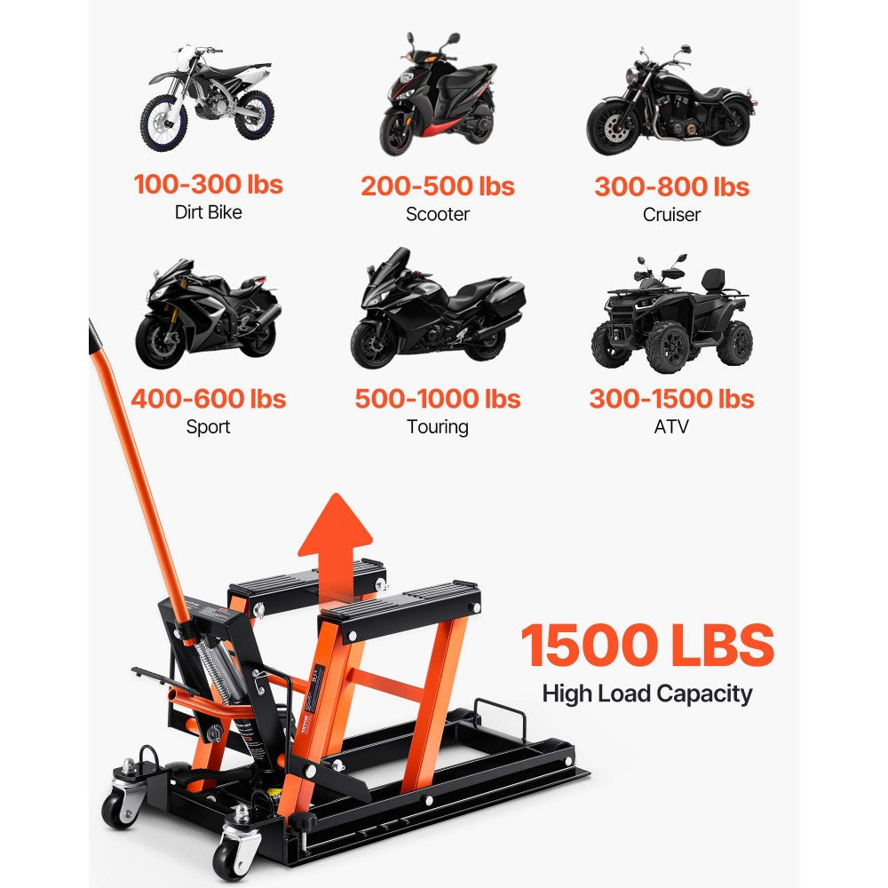 VEVOR Steel Hydraulic Motorcycle Jack Stand, 1500 LBS ATV Scissor Lift Jack, 4.7"-15" Scissor Lift Jack Stand with 4 Wheels, Hydraulic Foot-Operated Hoist Stand for Motorcycle ATV UTV Powersports