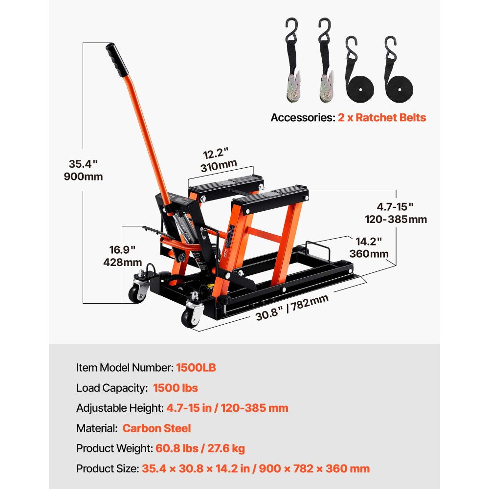 VEVOR Steel Hydraulic Motorcycle Jack Stand, 1500 LBS ATV Scissor Lift Jack, 4.7"-15" Scissor Lift Jack Stand with 4 Wheels, Hydraulic Foot-Operated Hoist Stand for Motorcycle ATV UTV Powersports