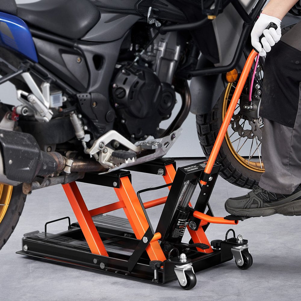 VEVOR Steel Hydraulic Motorcycle Jack Stand, 1500 LBS ATV Scissor Lift Jack, 4.7"-15" Scissor Lift Jack Stand with 4 Wheels, Hydraulic Foot-Operated Hoist Stand for Motorcycle ATV UTV Powersports