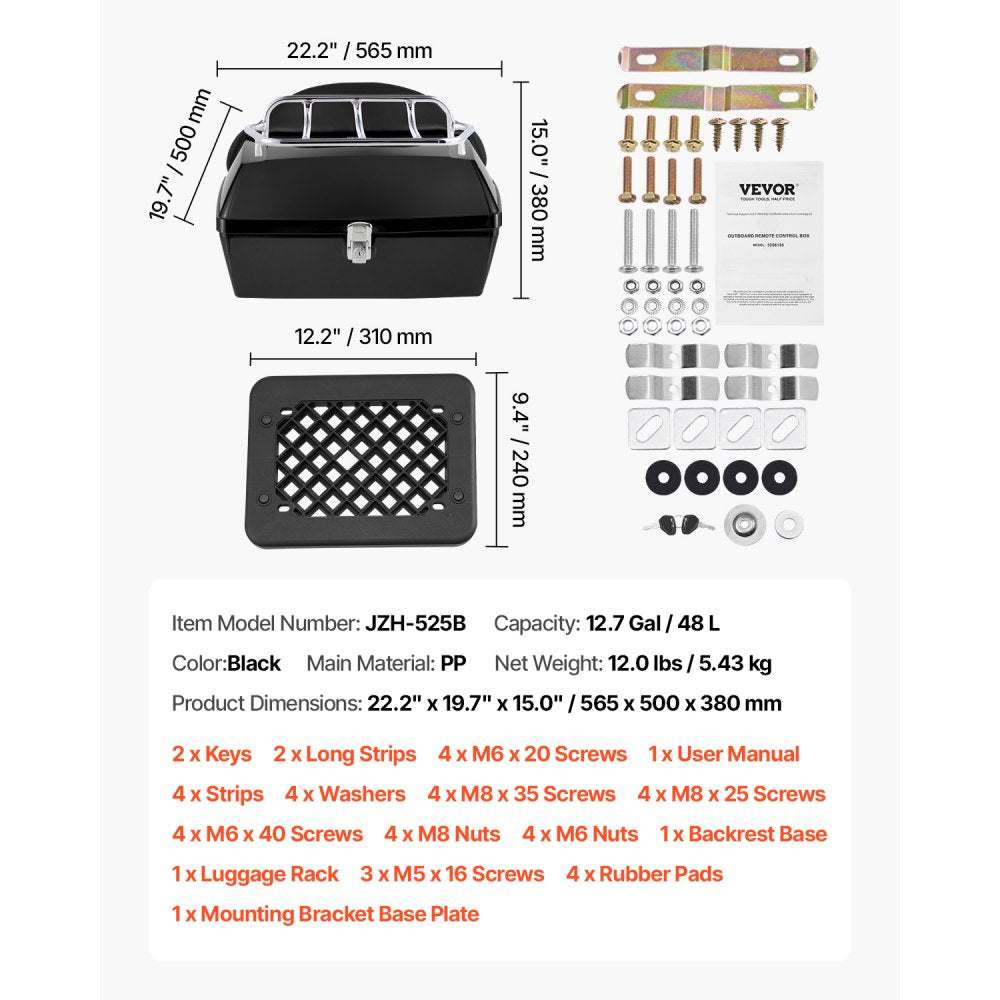 VEVOR Motorcycle Top Case, Universal Durable PP Material Motorbike Tail Box with Reflective Panel, 48L Waterproof Detachable Motorcycle Top Box with Multi-Hole Base, Fit for 99% of Motorcycle Frames