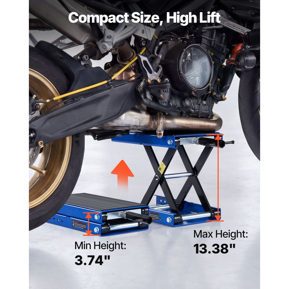 VEVOR Motorcycle Lift, 1100 lbs Motorcycle Scissor Lift Jack with Wide Deck & Lock Pin, 3.74"-13.38" Center Hoist Crank Stand, Steel Scissor Jack for Street Bikes, Cruiser Bikes, Touring, Blue/Black