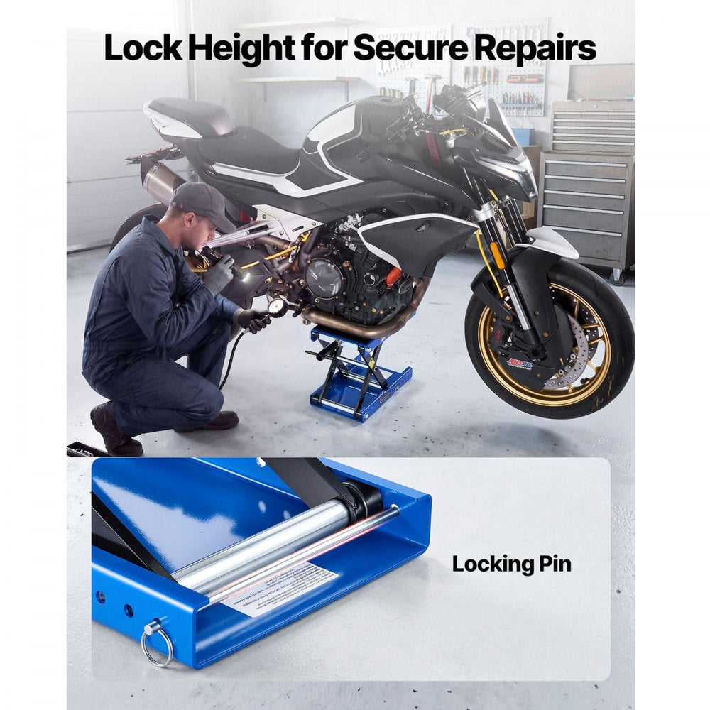 VEVOR Motorcycle Lift, 1100 lbs Motorcycle Scissor Lift Jack with Wide Deck & Lock Pin, 3.74"-13.38" Center Hoist Crank Stand, Steel Scissor Jack for Street Bikes, Cruiser Bikes, Touring, Blue/Black