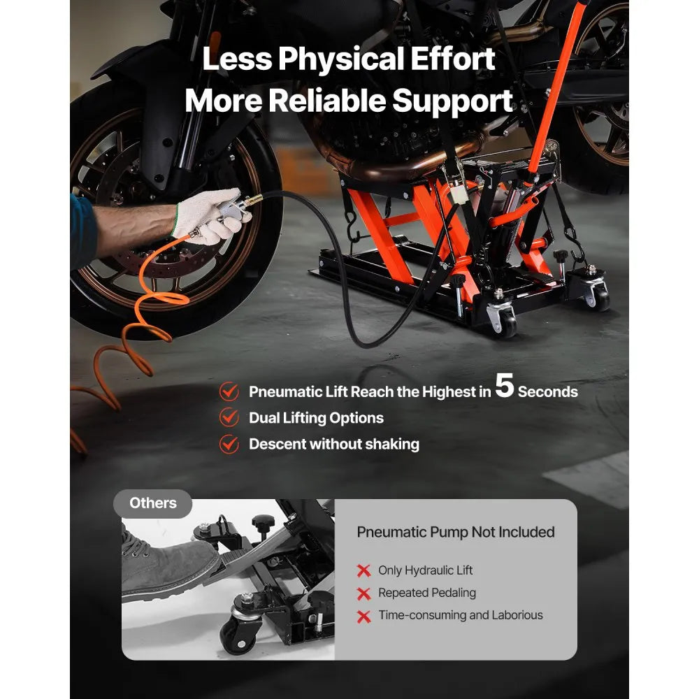 VEVOR Motorcycle Lift, 1500lbs Weight Capacity, Hydraulic & Pneumatic Motorcycle Jack, 4.1-15 in Height Range, Heavy Duty Bike Repair Stand with Removable Ramp with 2 Casters for ATVs, Dirt Bike