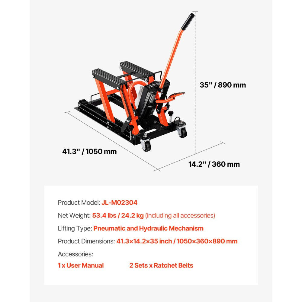 VEVOR Motorcycle Lift, 1500lbs Weight Capacity, Hydraulic & Pneumatic Motorcycle Jack, 4.1-15 in Height Range, Heavy Duty Bike Repair Stand with Removable Ramp with 2 Casters for ATVs, Dirt Bike