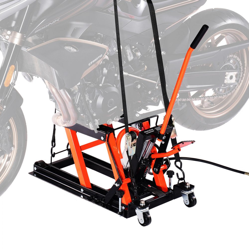 VEVOR Motorcycle Lift, 1500lbs Weight Capacity, Hydraulic & Pneumatic Motorcycle Jack, 4.1-15 in Height Range, Heavy Duty Bike Repair Stand with Removable Ramp with 2 Casters for ATVs, Dirt Bike