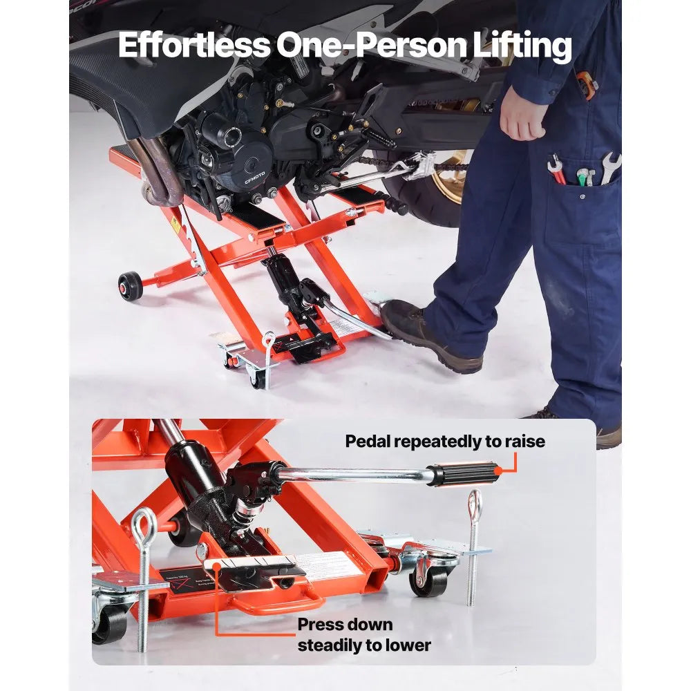 VEVOR Hydraulic Motorcycle Lift Jack, 1100 lbs Capacity, Scissor Lift Jack Portable Motorcycle Hoist Stand with 6 Wheels, 4.72"-15.15" Height Range, Hydraulic Foot-Operated Hoist Stand for Dirt Bikes