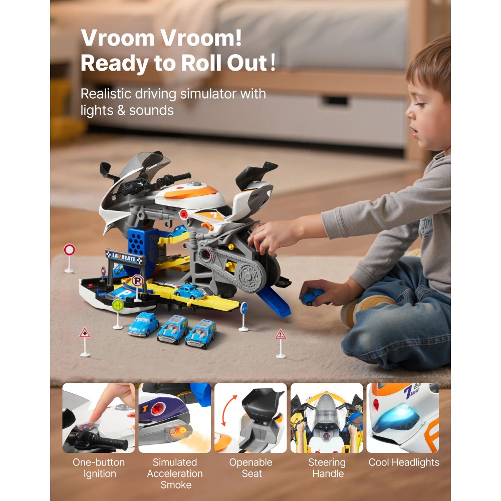 VEVOR Motorcycle Engine Toy, 25 Pieces, Motorcycle Mechanic Toy with Removable Parts, Lights & Sounds, Simulated Riding & Track Racing, Kids Mechanic Workshop Set for Toddler 3 Years and Up, Yellow