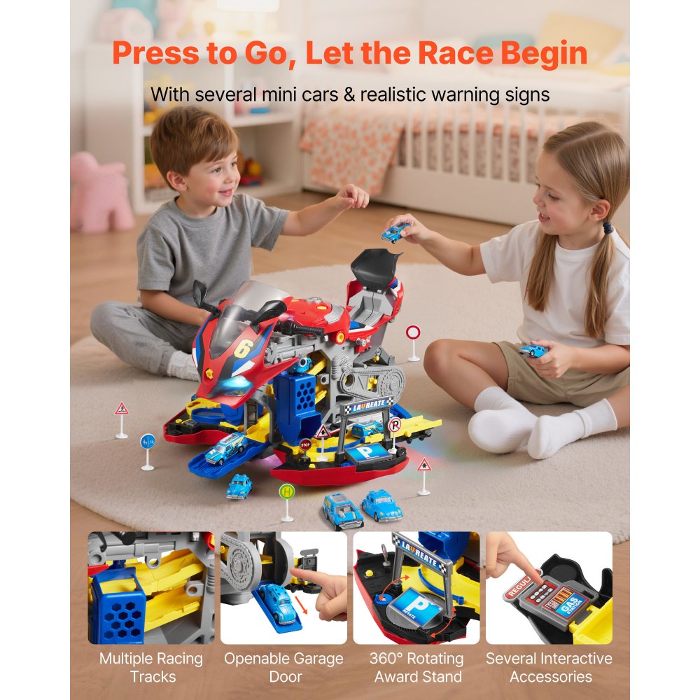 VEVOR Motorcycle Engine Toy, 25 Pieces, Motorcycle Mechanic Toy with Removable Parts, Lights & Sounds, Simulated Riding & Track Racing, Kids Mechanic Workshop Set for Toddler 3 Years and Up, Red