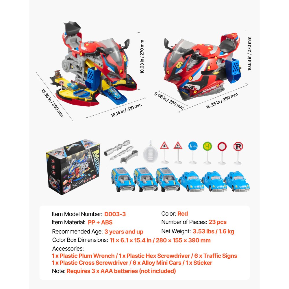 VEVOR Motorcycle Engine Toy, 25 Pieces, Motorcycle Mechanic Toy with Removable Parts, Lights & Sounds, Simulated Riding & Track Racing, Kids Mechanic Workshop Set for Toddler 3 Years and Up, Red