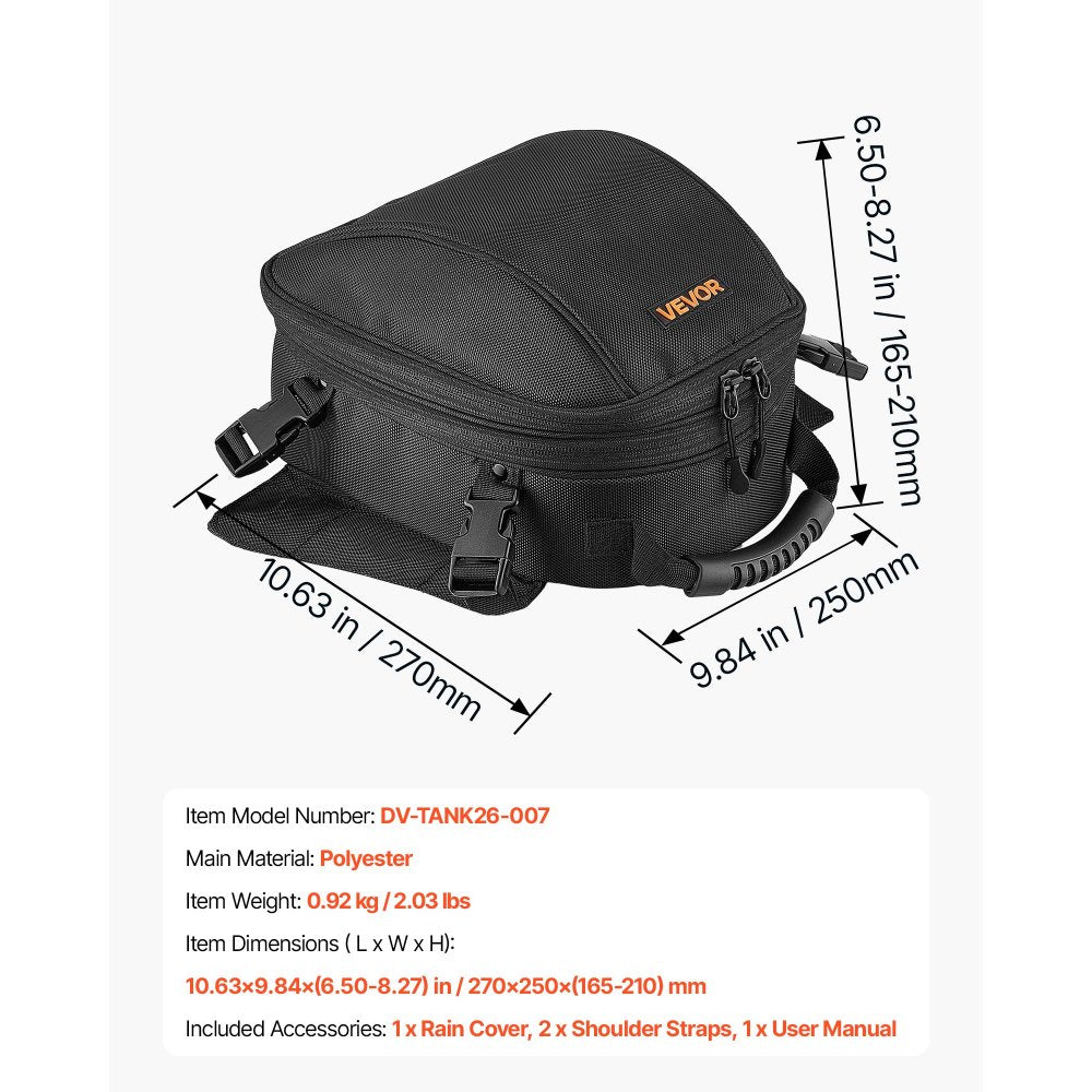 VEVOR Magnetic Tank Bag, Large Black Motorcycle Storage Bag Magnetic Base, Fits ADV, Sport, Touring, and Dirt Bikes, Touchscreen Phone Map Pocket, YKK Zippers, Motorbike Backpack, Included Rain Cover