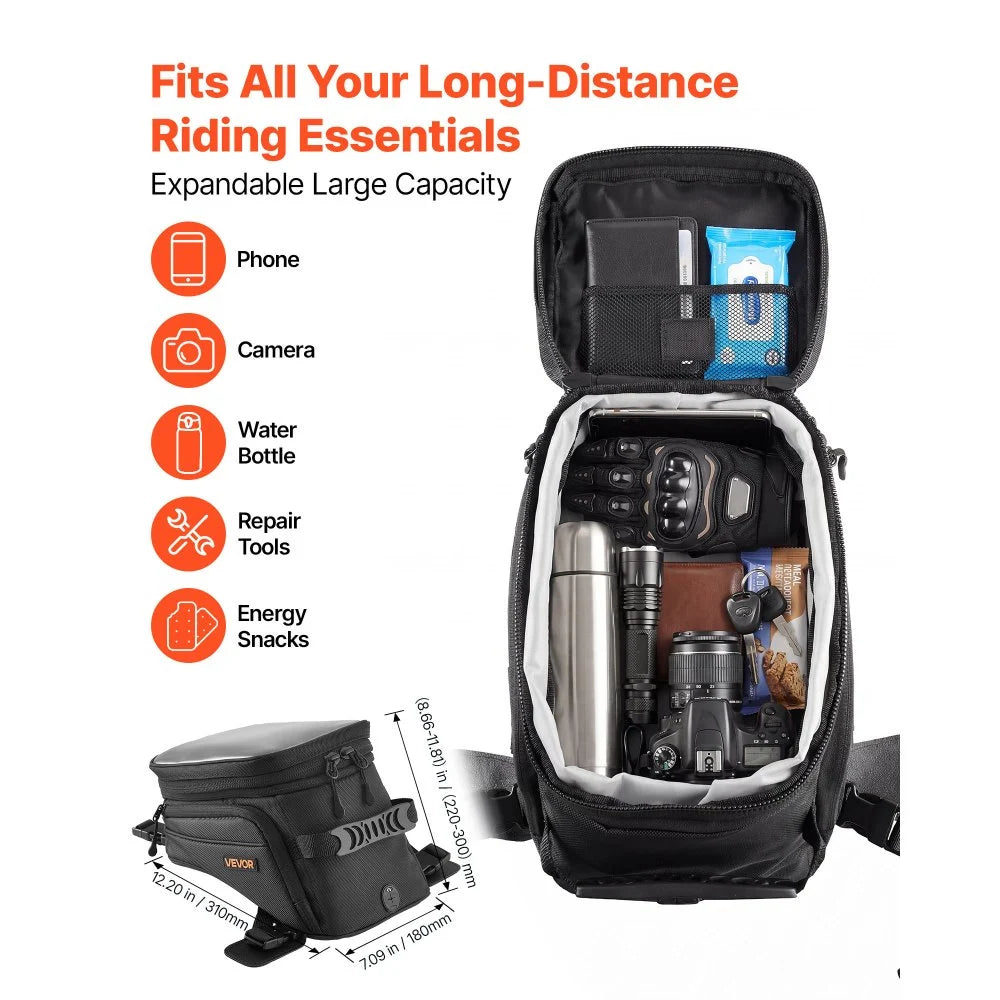 VEVOR Motorcycle Tank Bag Extra Large Black Motorbike Storage Bag Accessory, For ADV, Dual Sport, Touring & Dirt Bikes, Touchscreen Phone Map Pocket, YKK Zippers, Quick-Release Straps, with Rain Cover