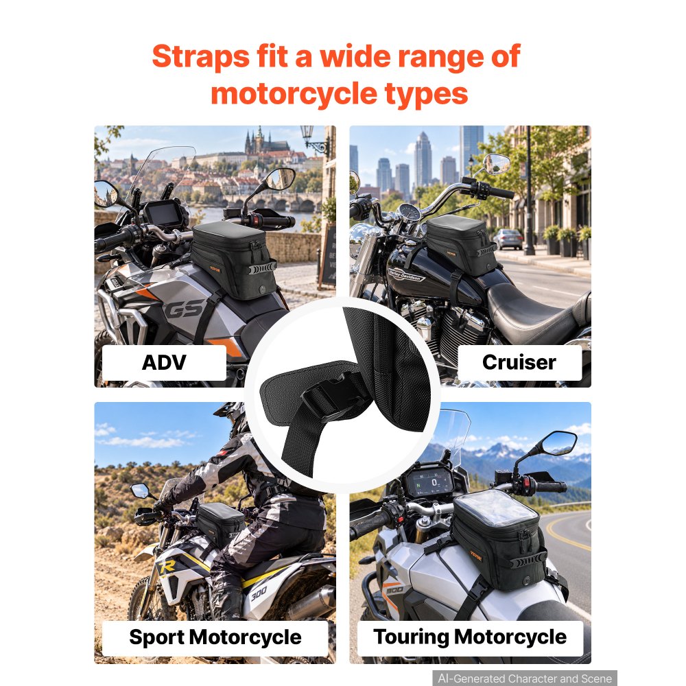 VEVOR Motorcycle Tank Bag Extra Large Black Motorbike Storage Bag Accessory, For ADV, Dual Sport, Touring & Dirt Bikes, Touchscreen Phone Map Pocket, YKK Zippers, Quick-Release Straps, with Rain Cover