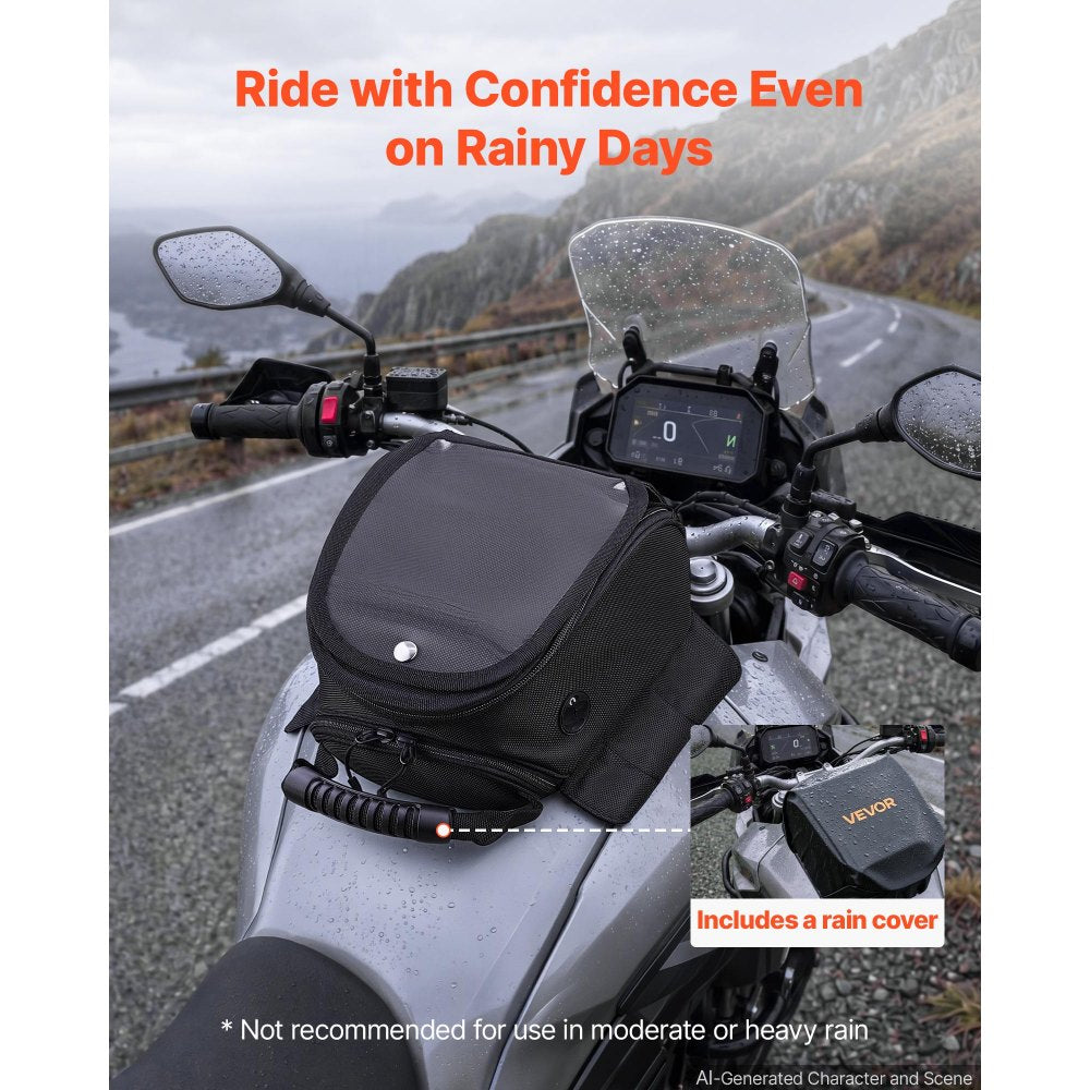 VEVOR Magnetic Tank Bag, Small Black Motorcycle Storage Bag Magnetic Base, Fits ADV, Sport, Touring, and Dirt Bikes, Touchscreen Phone Map Pocket, YKK Zippers, Motorbike Luggage, Included Rain Cover