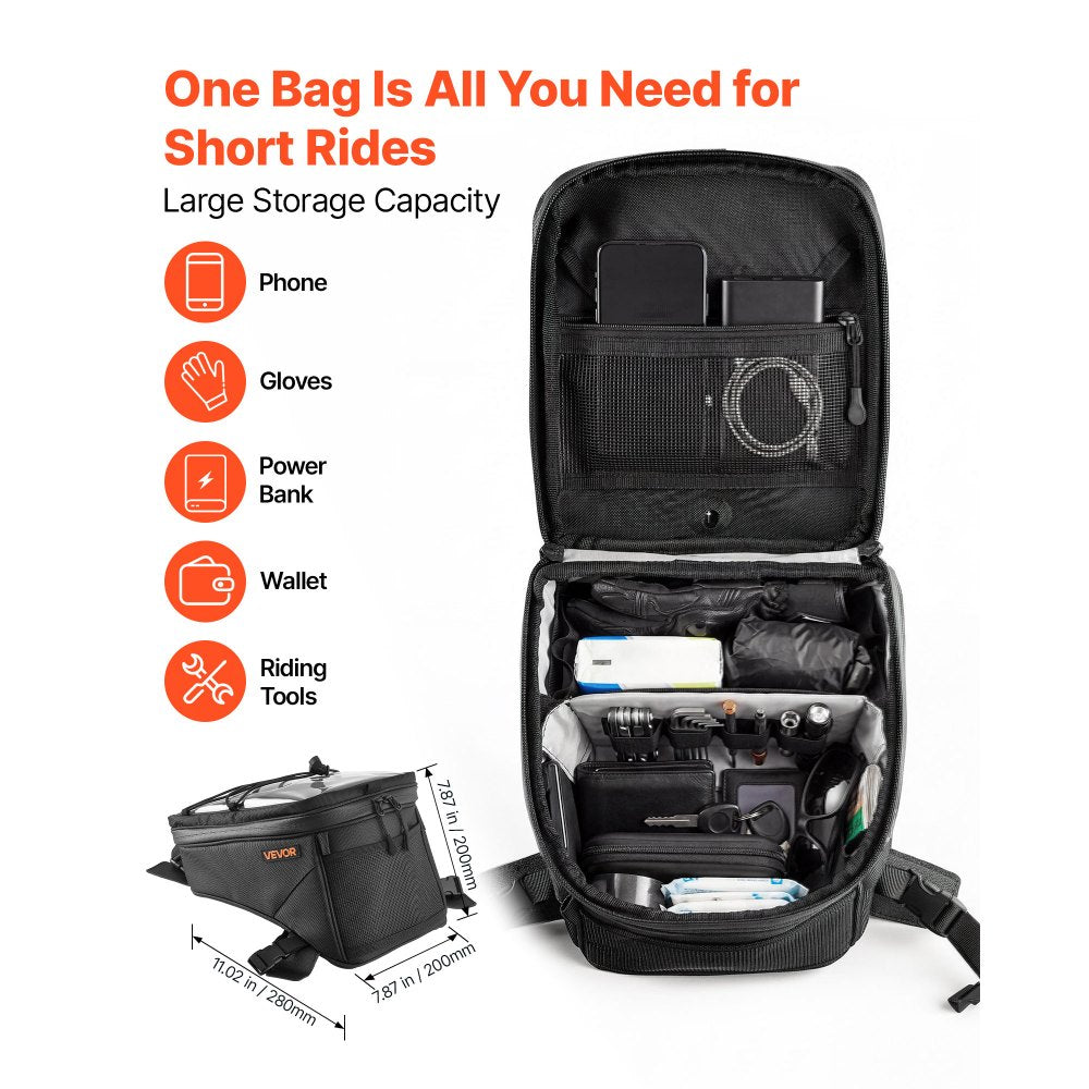 VEVOR Motorcycle Tank Bag, Medium Black Motorbike Storage Bag Accessories, For ADV, Dual Sport, Touring & Dirt Bikes, Touchscreen Phone Map Pocket, YKK Zippers, Quick-Release Straps, with Rain Cover