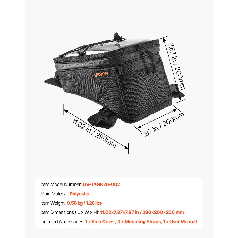 VEVOR Motorcycle Tank Bag, Medium Black Motorbike Storage Bag Accessories, For ADV, Dual Sport, Touring & Dirt Bikes, Touchscreen Phone Map Pocket, YKK Zippers, Quick-Release Straps, with Rain Cover