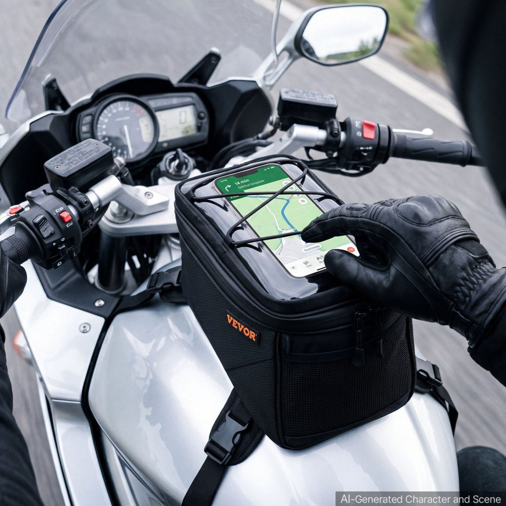 VEVOR Motorcycle Tank Bag, Medium Black Motorbike Storage Bag Accessories, For ADV, Dual Sport, Touring & Dirt Bikes, Touchscreen Phone Map Pocket, YKK Zippers, Quick-Release Straps, with Rain Cover