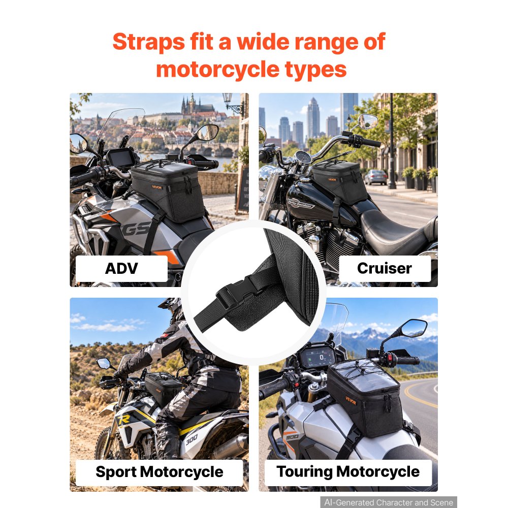 VEVOR Motorcycle Tank Bag, Large Black Motorbike Storage Bag Accessories, For ADV, Dual Sport, Touring & Dirt Bikes, Touchscreen Phone Map Pocket, YKK Zippers, Quick-Release Straps, with Rain Cover