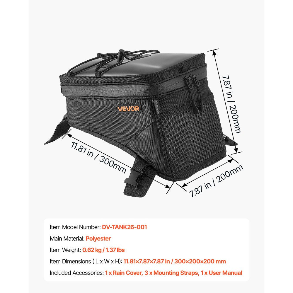 VEVOR Motorcycle Tank Bag, Large Black Motorbike Storage Bag Accessories, For ADV, Dual Sport, Touring & Dirt Bikes, Touchscreen Phone Map Pocket, YKK Zippers, Quick-Release Straps, with Rain Cover