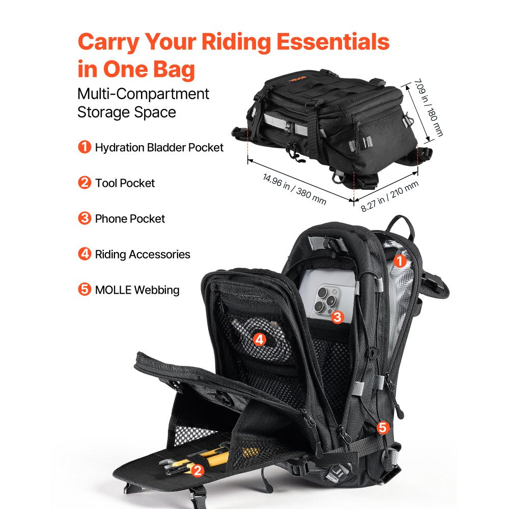 VEVOR Tank Bag, Large Black Motorcycle Storage Backpack Hydration Bladder, Universal Fits ADV, Sport, Touring, and Dirt Bikes, YKK Zippers, Multi-Pocket Compartment,Hidden Shoulder Strap, Rain Cover