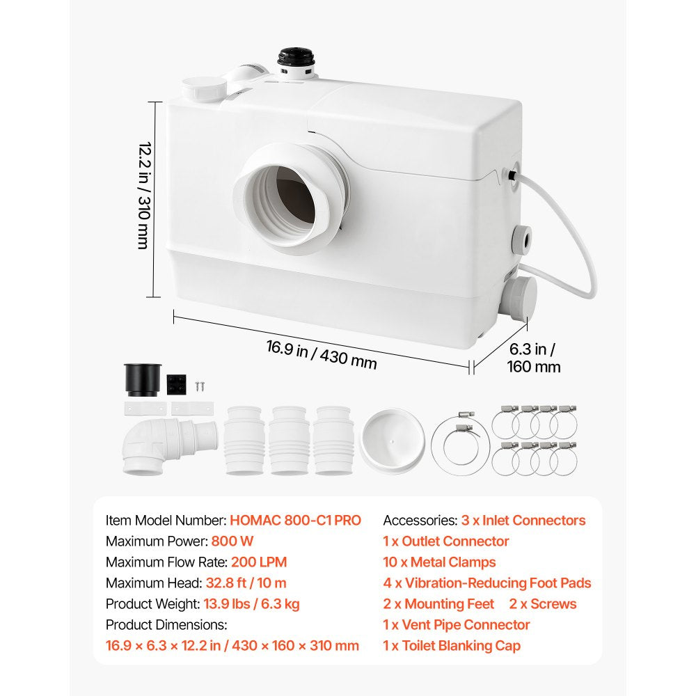 VEVOR Macerator Pump 800W 12000L/h Flow 32.8 ft/10 m Head PCB Smart Control, Macerating Sewage Pump, Waste Water Disposal Upflush Machine with 4 Inlets, for Basement, Toilet, Sink, Laundry, Kitchen