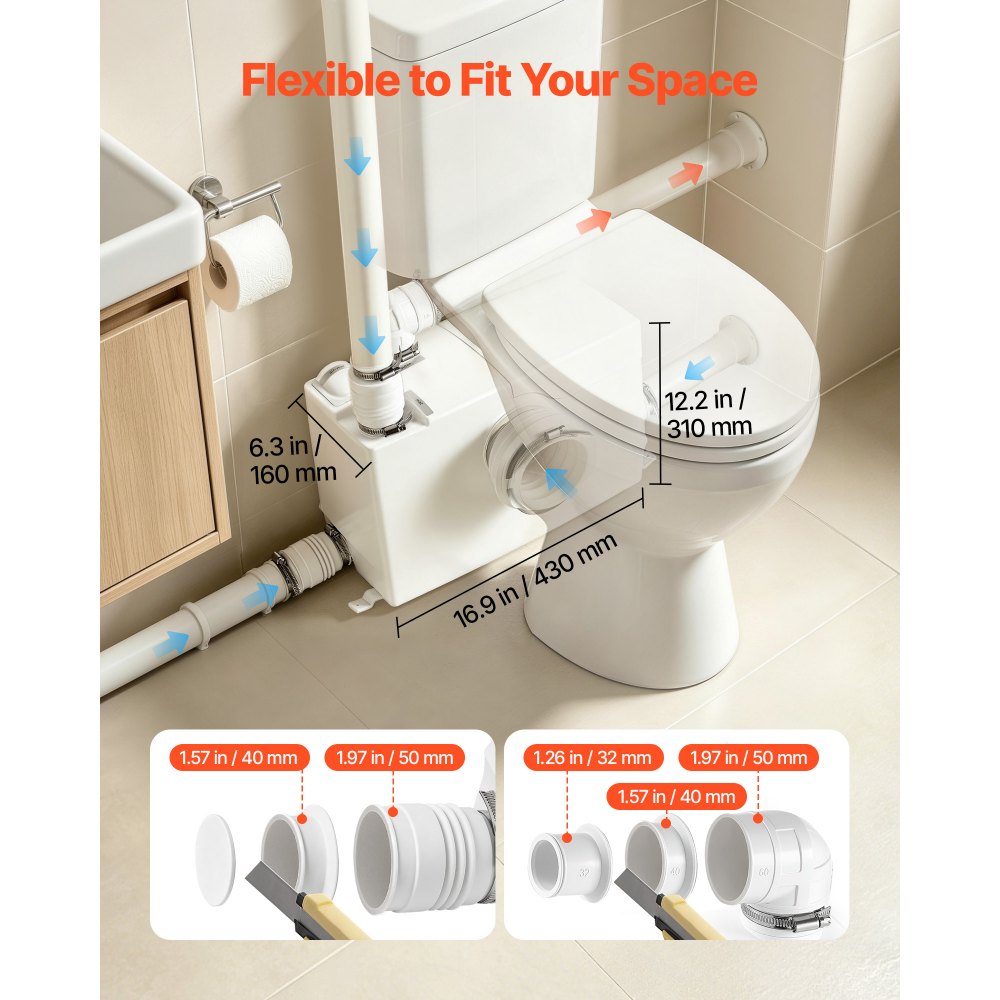 VEVOR Macerator Pump 800W 12000L/h Flow 32.8 ft/10 m Head Sewage Pump, Waste Water Disposal Upflush Machine with 4 Inlets, Macerating Toilet Sewerage, for Basement, Toilet, Sink, Laundry, Kitchen