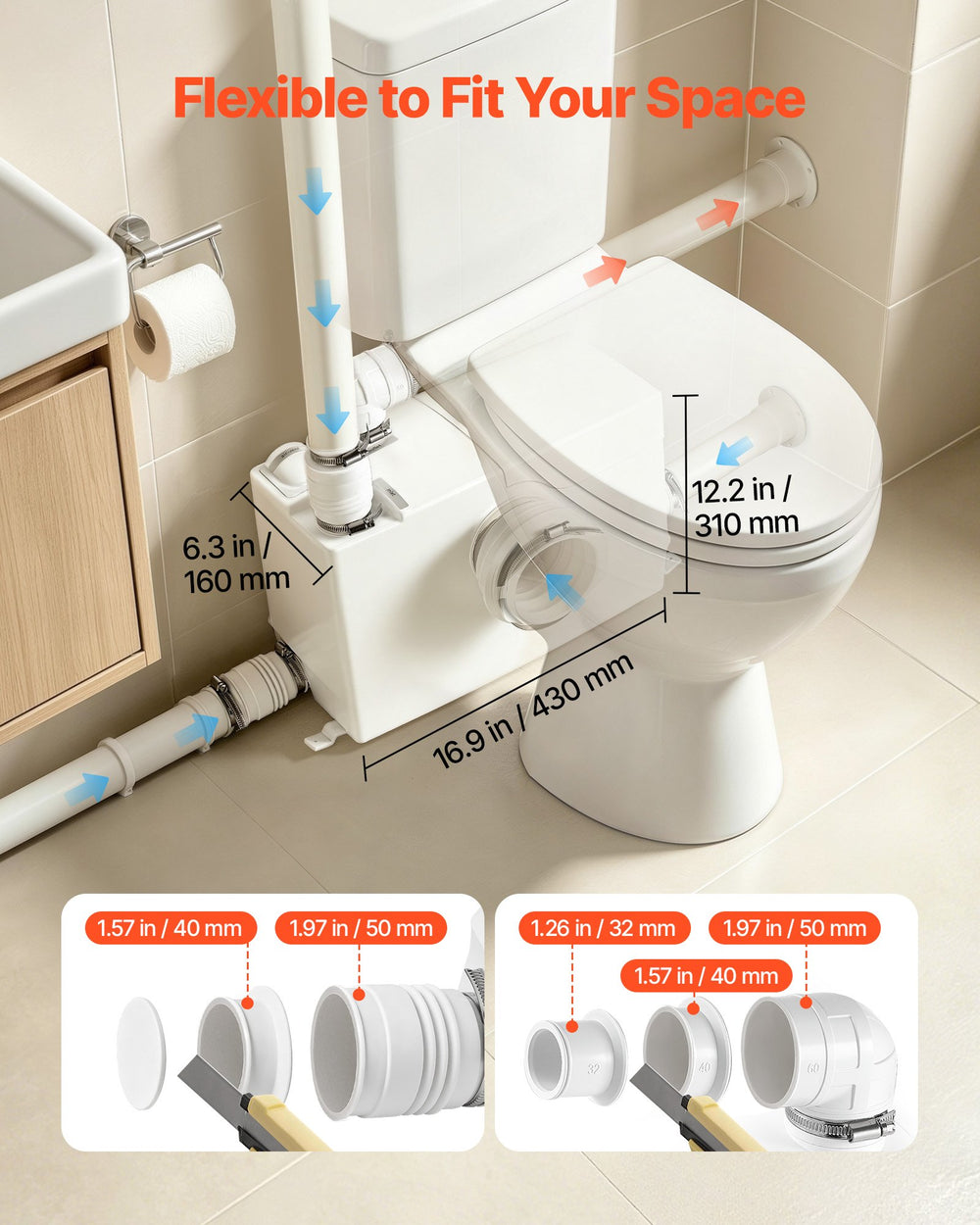VEVOR Macerator Pump 800W 12000L/h Flow 32.8 ft/10 m Head Sewage Pump, Waste Water Disposal Upflush Machine with 4 Inlets, Macerating Toilet Sewerage, for Basement, Toilet, Sink, Laundry, Kitchen