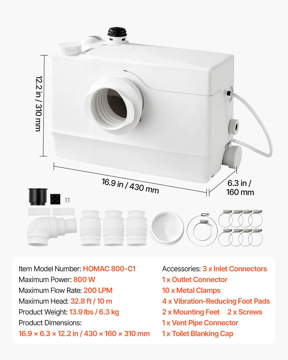 VEVOR Macerator Pump 800W 12000L/h Flow 32.8 ft/10 m Head Sewage Pump, Waste Water Disposal Upflush Machine with 4 Inlets, Macerating Toilet Sewerage, for Basement, Toilet, Sink, Laundry, Kitchen