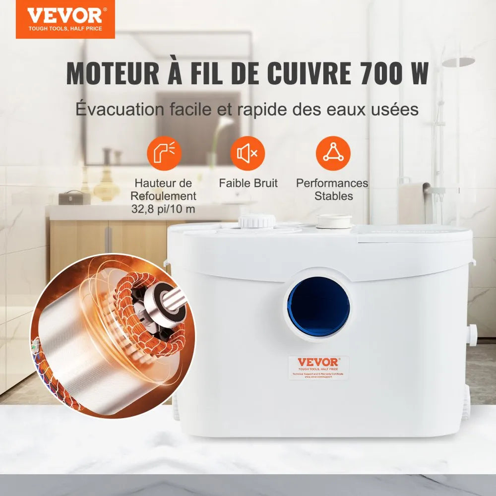 VEVOR Macerator Pump, 700W, 9600 L/h Flow, 32.8 ft/10 m Head, Macerator Sewerage Sump Pump with 3 Water Inlets for Toilet, Basement, Kitchen, Sink, Shower, Bathtub Waste Water Disposal Upflush Machine