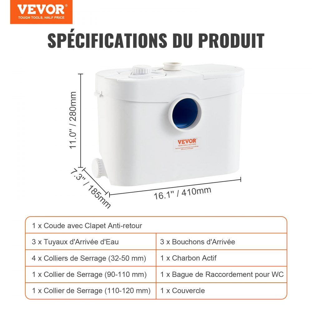 VEVOR Macerator Pump, 700W, 9600 L/h Flow, 32.8 ft/10 m Head, Macerator Sewerage Sump Pump with 3 Water Inlets for Toilet, Basement, Kitchen, Sink, Shower, Bathtub Waste Water Disposal Upflush Machine