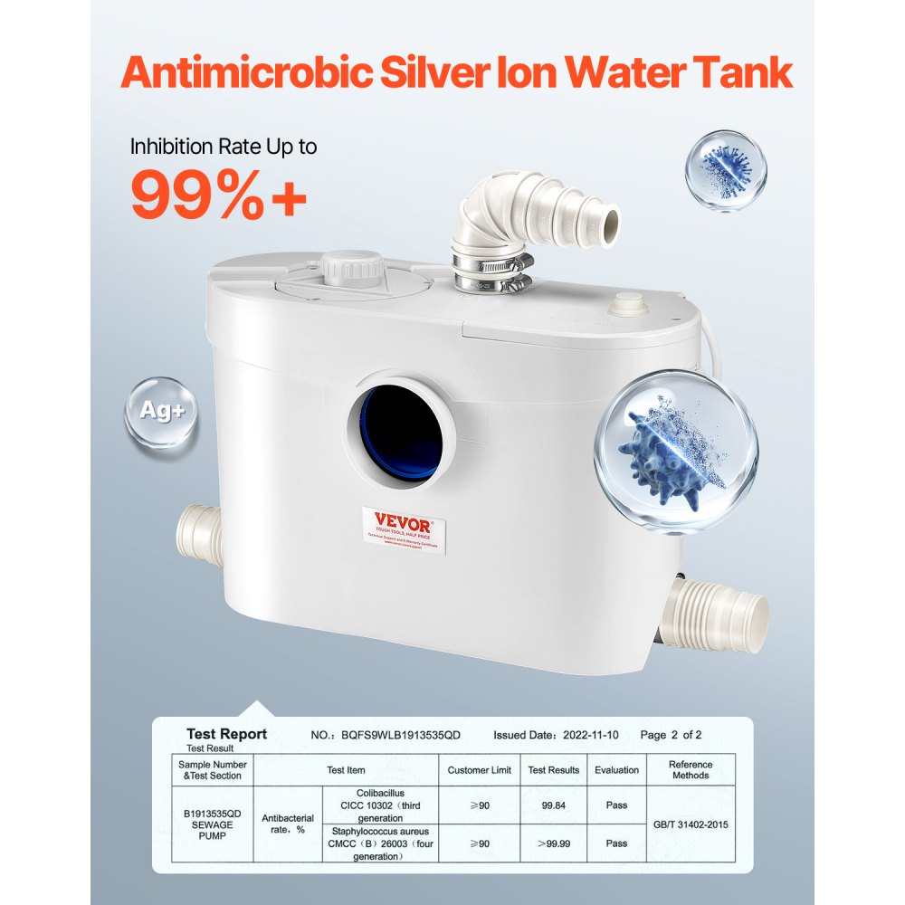 VEVOR Macerator Pump, 900W, 48 GPM Flow, 40 ft/12 m Head, Macerator Sewerage Toilet Pump with 4 Water Inlets, Waste Water Disposal Upflush Machine for Toilet, Basement, Shower, Sink, Laundry, Bathtub