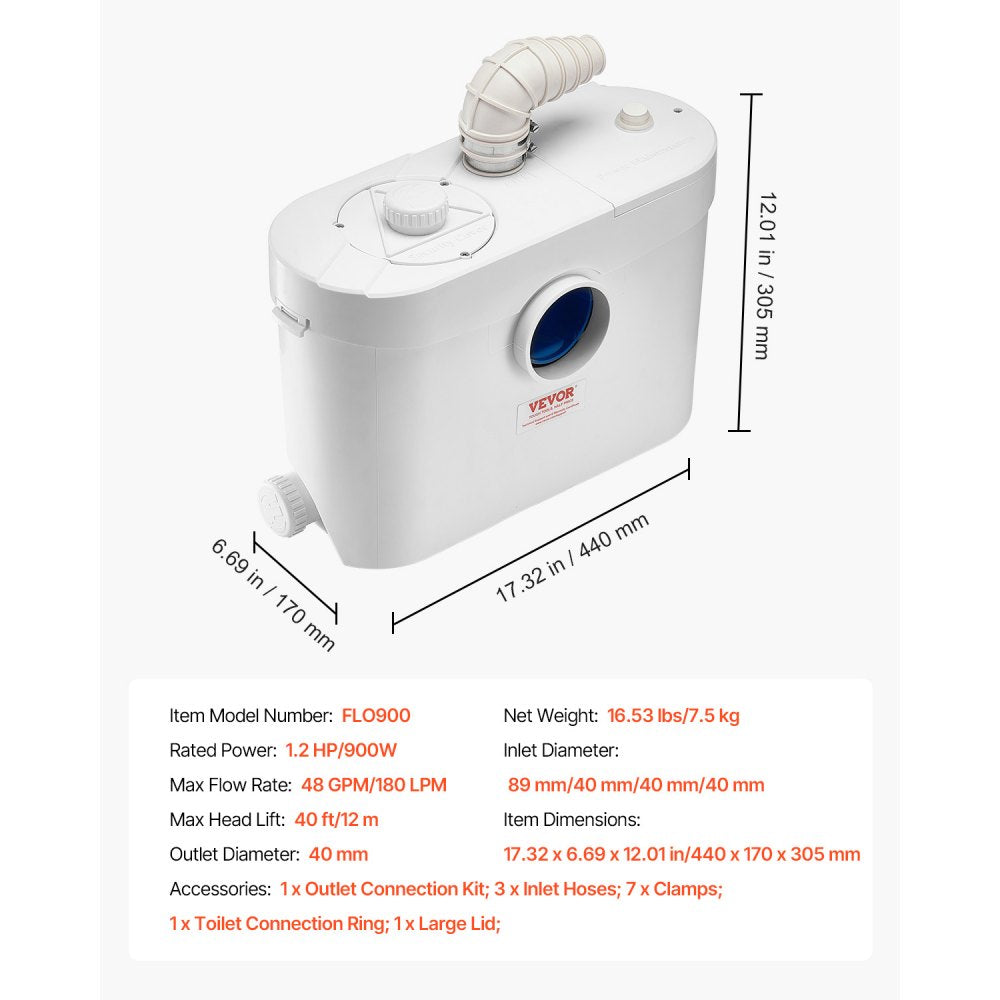 VEVOR Macerator Pump, 900W, 48 GPM Flow, 40 ft/12 m Head, Macerator Sewerage Toilet Pump with 4 Water Inlets, Waste Water Disposal Upflush Machine for Toilet, Basement, Shower, Sink, Laundry, Bathtub