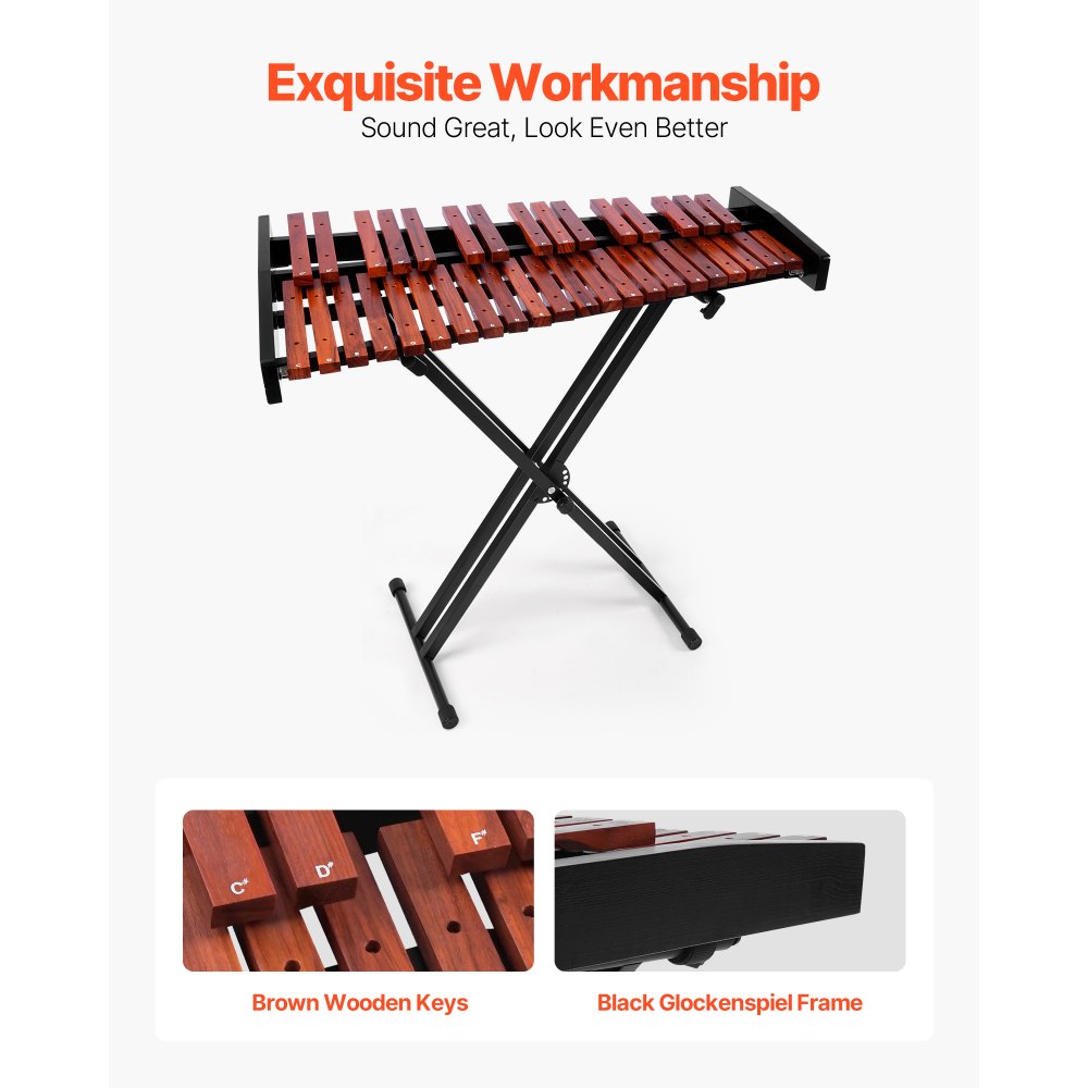VEVOR Glockenspiel Xylophone, 37 Notes, Wooden Professional Xylophone Percussion Instrument, with Height Adjustable Stand, 4 Mallets, Carrying Bag, Beginner Musical Instrument Kit for Adults and Kids