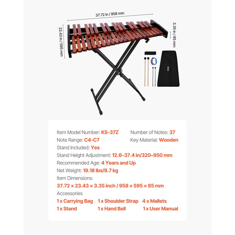 VEVOR Glockenspiel Xylophone, 37 Notes, Wooden Professional Xylophone Percussion Instrument, with Height Adjustable Stand, 4 Mallets, Carrying Bag, Beginner Musical Instrument Kit for Adults and Kids