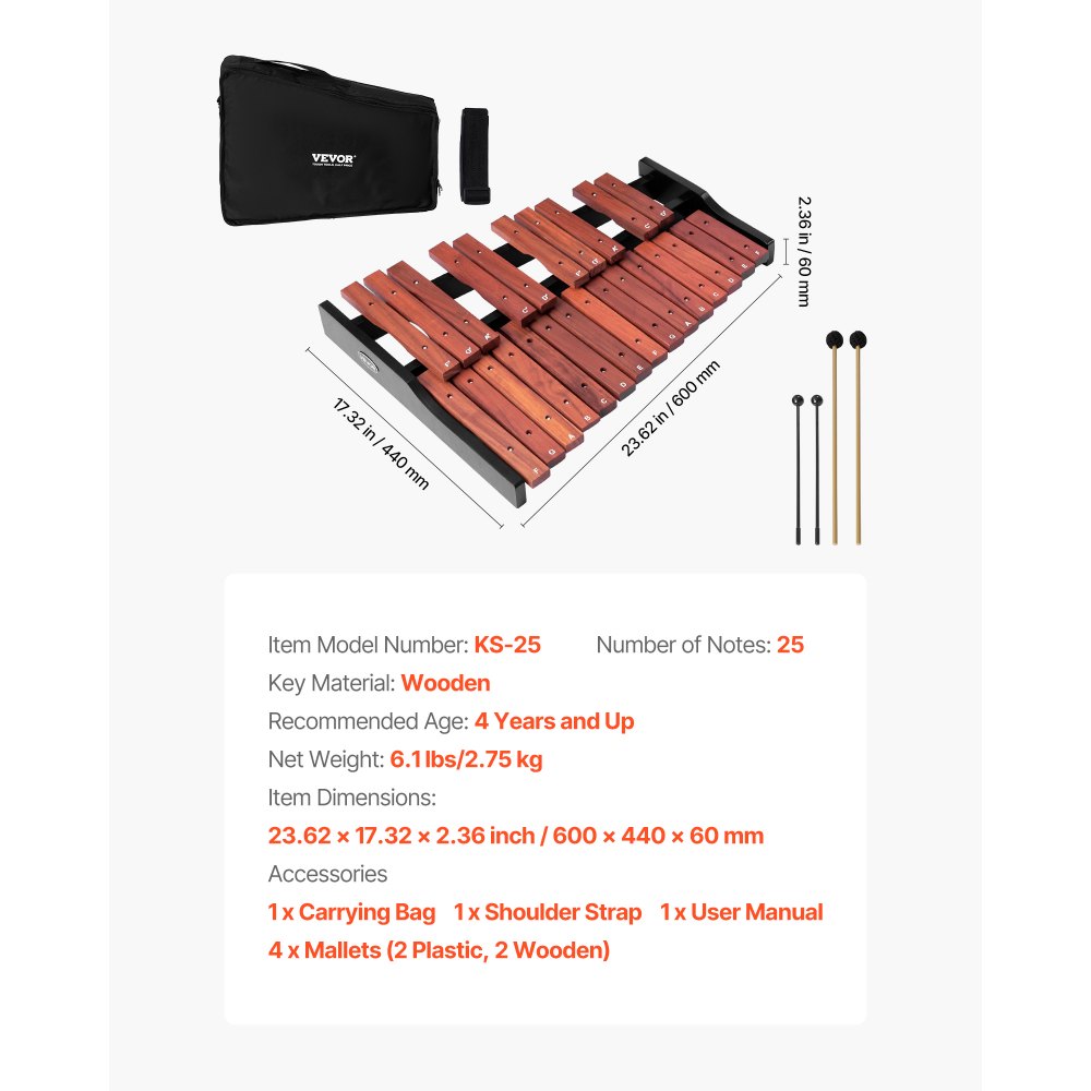 VEVOR Glockenspiel Xylophone, 25 Notes, Wooden Professional Xylophone Percussion Instrument, with 4 Mallets, Carrying Bag, Beginner Glockenspiel Musical Instrument Kit for Adults and Kids Students