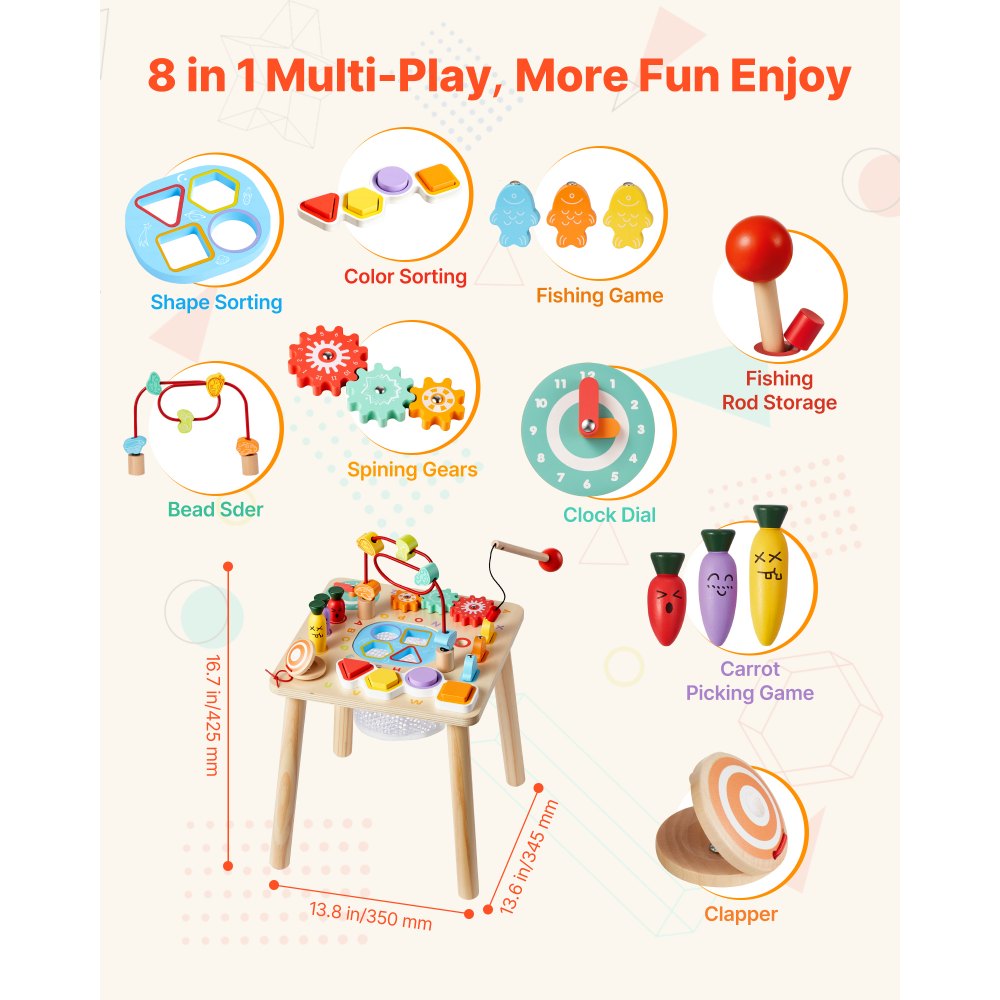 VEVOR Montessori Activity Table for Toddler 1-3 Years Old, 8 in 1 Wooden Learn Activity Desk, Baby Play Table for Boys & Girls Aged 6+ Months, Great Birthday, Christmas, Children's Day Present