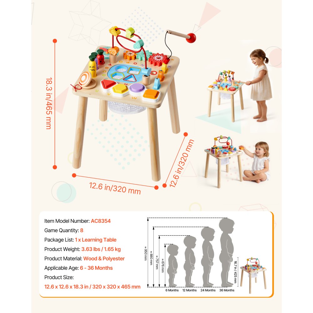 VEVOR Montessori Activity Table for Toddler 1-3 Years Old, 8 in 1 Wooden Learn Activity Desk, Baby Play Table for Boys & Girls Aged 6+ Months, Great Birthday, Christmas, Children's Day Present