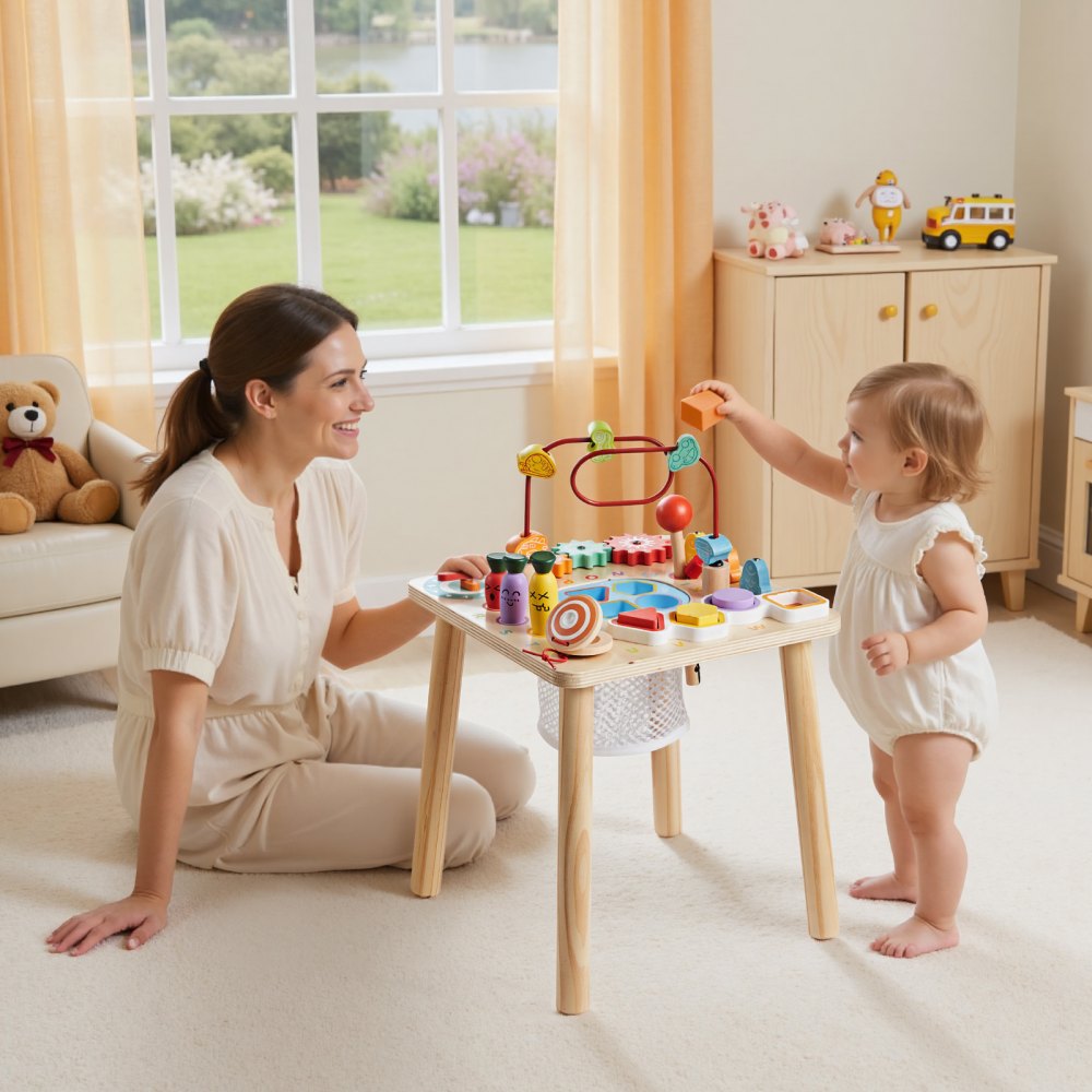VEVOR Montessori Activity Table for Toddler 1-3 Years Old, 8 in 1 Wooden Learn Activity Desk, Baby Play Table for Boys & Girls Aged 6+ Months, Great Birthday, Christmas, Children's Day Present